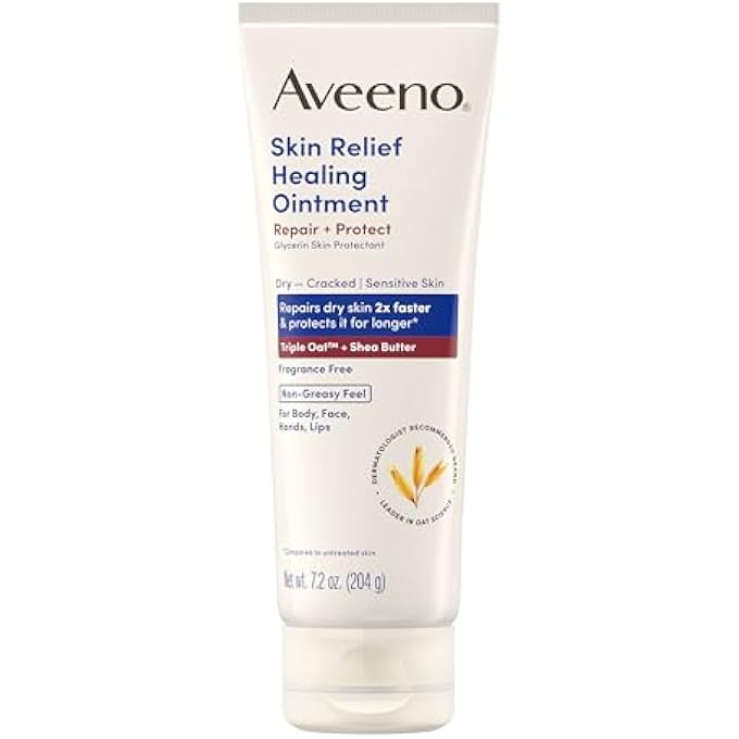 Aveeno SKIN RELIEF HEALING OINTMENT, 72-HOUR SKIN PROTECTANT WITH TRIPLE OAT & SHEA BUTTER FOR EXTRA DRY, CRACKED & SENSITIVE SKIN, FRAGRANCE-FREE & MULTI-USE FOR LIPS, 7.2 OZ - Image 1